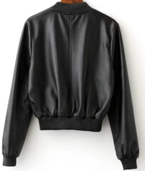 Ladies PU Leather Down Jacket , Zipper Short Warm Black Leather Bomber Jacket