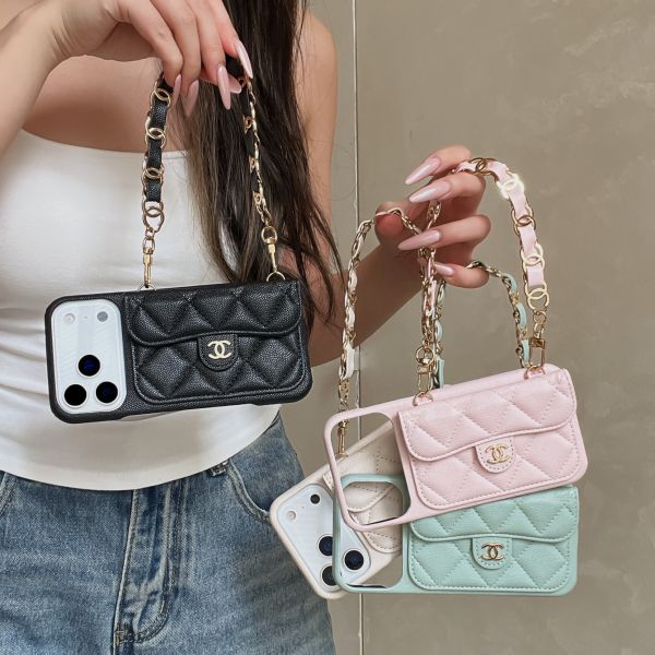 Lychee Pattern Card Holder iPhone 17 Pro Max Phone Case with Handheld Short Chain Leather 16 Pro Protective Cover