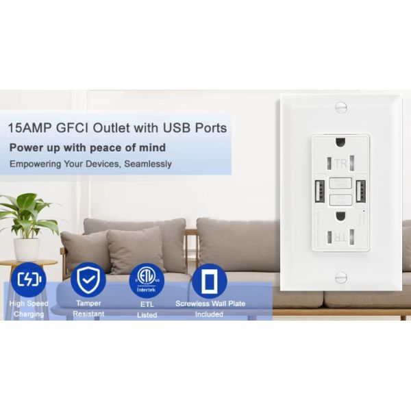 15A 125V GFCI Outlet with Self-Test and Dual USB Charging Ports for Residential Use