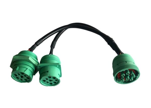 Green Deutsch 9 Pin J1939 Female to J1939 Male Square Flange and Threaded J1939 Male Split Y Cable