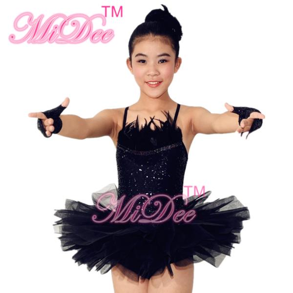 Swan Feather Neckline Ballet Dance Costumes , Black Childrens Ballerina Outfits