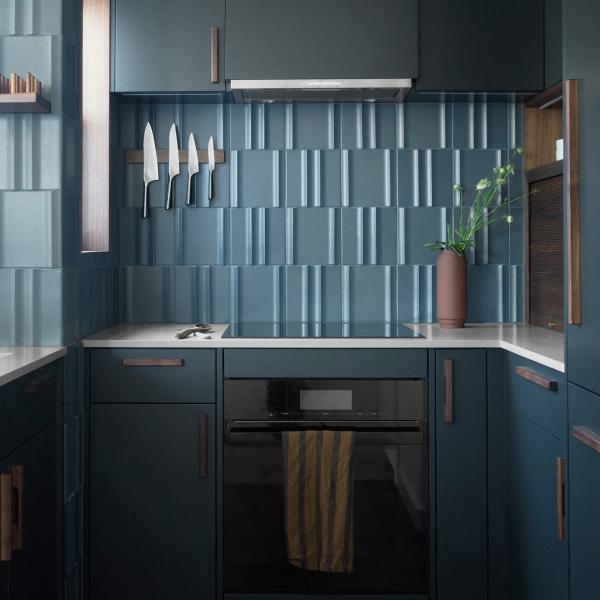 Hotel Modern Design Save Space U Shape Small Kitchen Wooden Handle Dark Blue Matte Lacquer Finish Cabinets