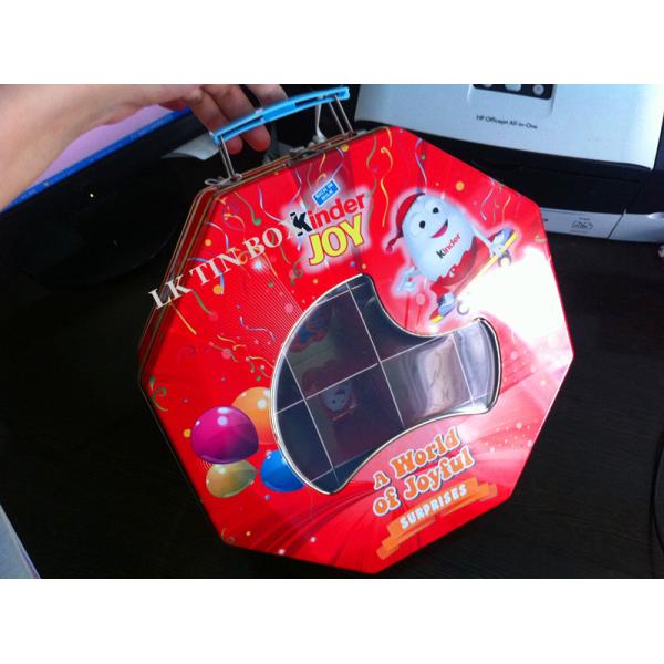 Brinquedo mais amável de empacotamento da alegria de Ferrero da caixa da lata do metal de Octangle com o Divder dentro de e a janela do Pvc