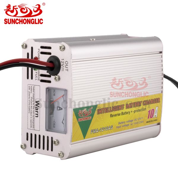 12V 10A AGM Gel Battery Charger with Three-Step Charging and 150V–250V AC Input for Lead-Acid Batteries