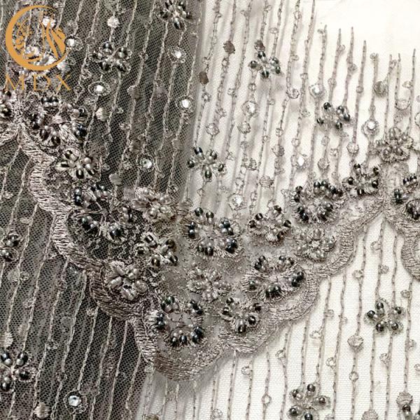 Grey Beaded Decoration Handmade Lace Fabric For Evening Dress