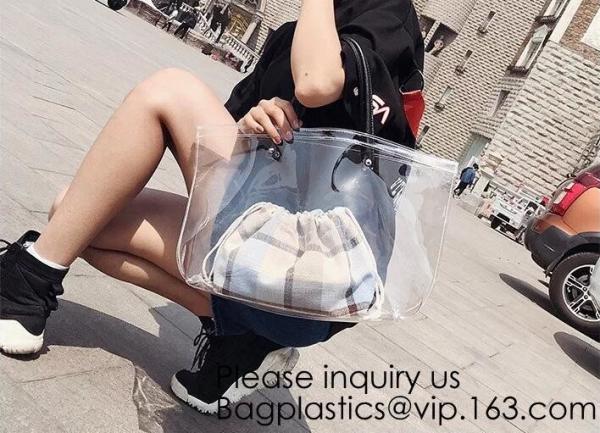 Women Clear Shopping Bag Transparent PVC Beach Bag Large Capacity Foldable Travel Storage Organizer Bag, bagease, pack