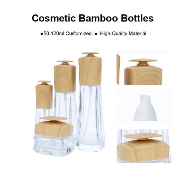 Transparent Glass Cosmetic Bamboo Bottle Bamboo Cosmetic Jar Set With Bamboo Lids