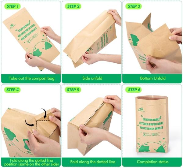 Sacos de lixo de papel kraft de fundo quadrado 100% biodegradável para resíduos alimentares Capacidade de 50 libras