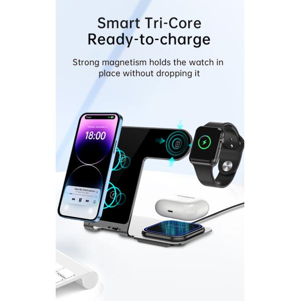 Aluminum Alloy 3 In 1 Wireless Charging Stand 15W Power Over Temperature Protection