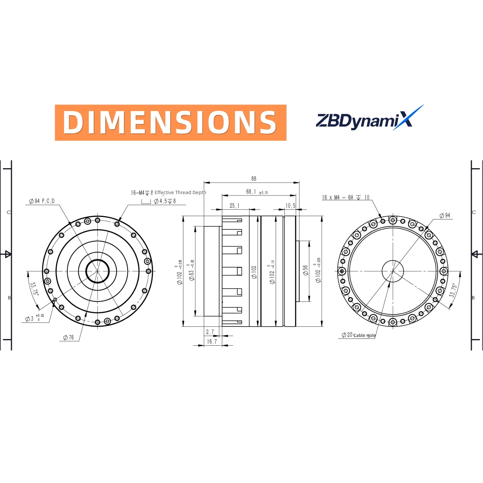 ZBDynamiX ZHA-R102-161-DBN-I Compact Harmonic Joint Actuator | 350 Nm Peak Torque, 161:1 Ratio, Ø102×88 mm