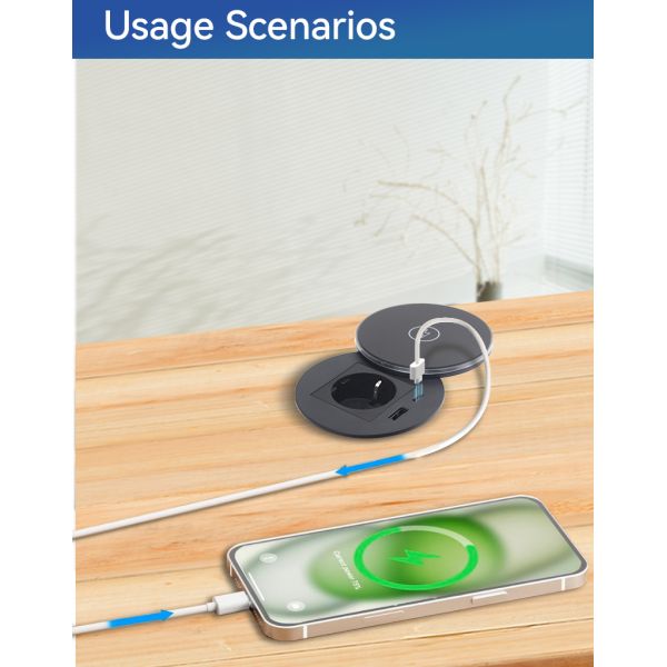 Universal Round Desk Power Grommet 15W Wireless Charging Flush Mount
