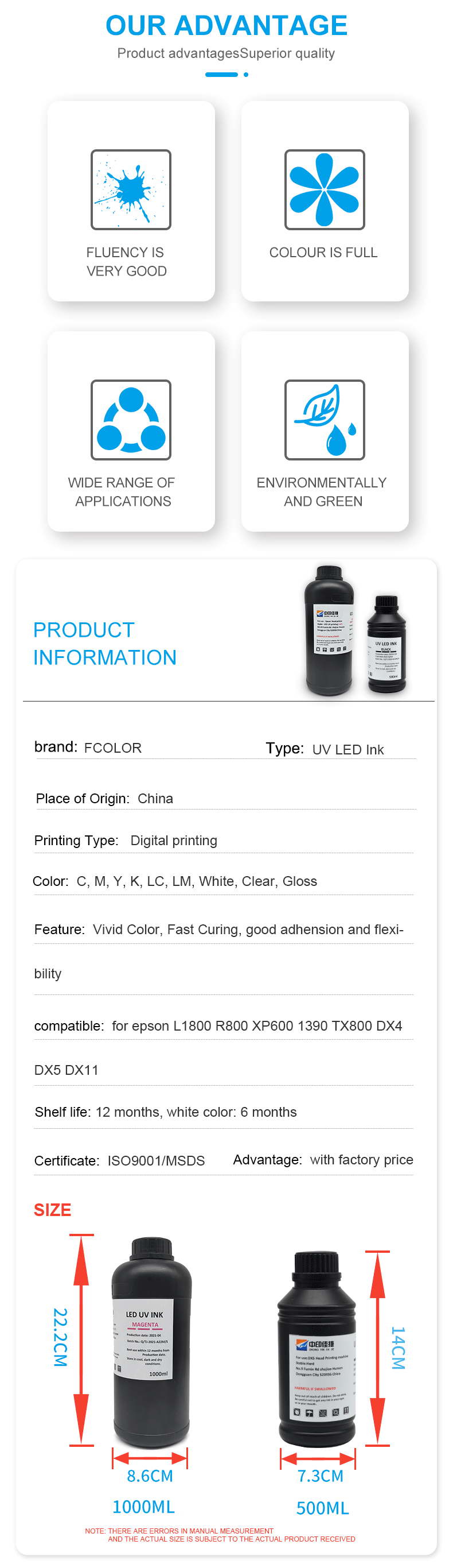 FCOLOR Compatible 1000ML Soft Hard UV Color Bottle Refill Ink UV Tinta for Epson Dx5 Dx6 Dx7 Dx10 Xp600 Tx800 Printhead