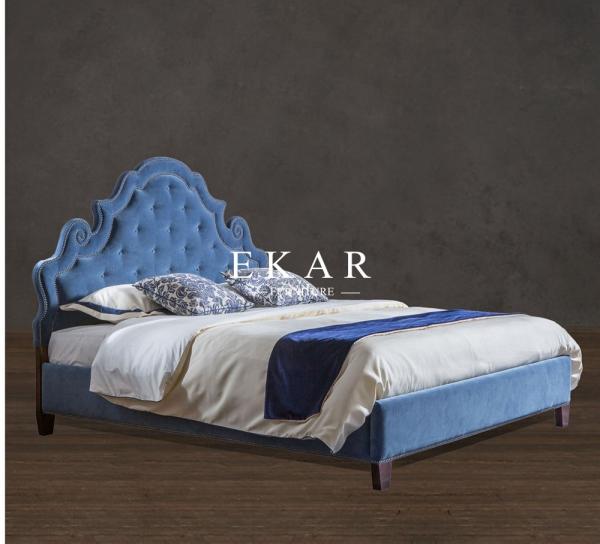 Contemporary Wood Blue Velvet Fabric Double Bed