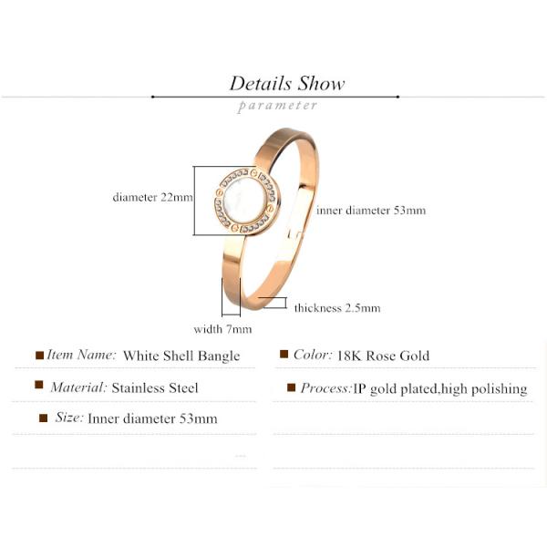 Stainless Steel Bracelet with White Shell, Diamond Cuff Bangle, Silver , gold color women bangle