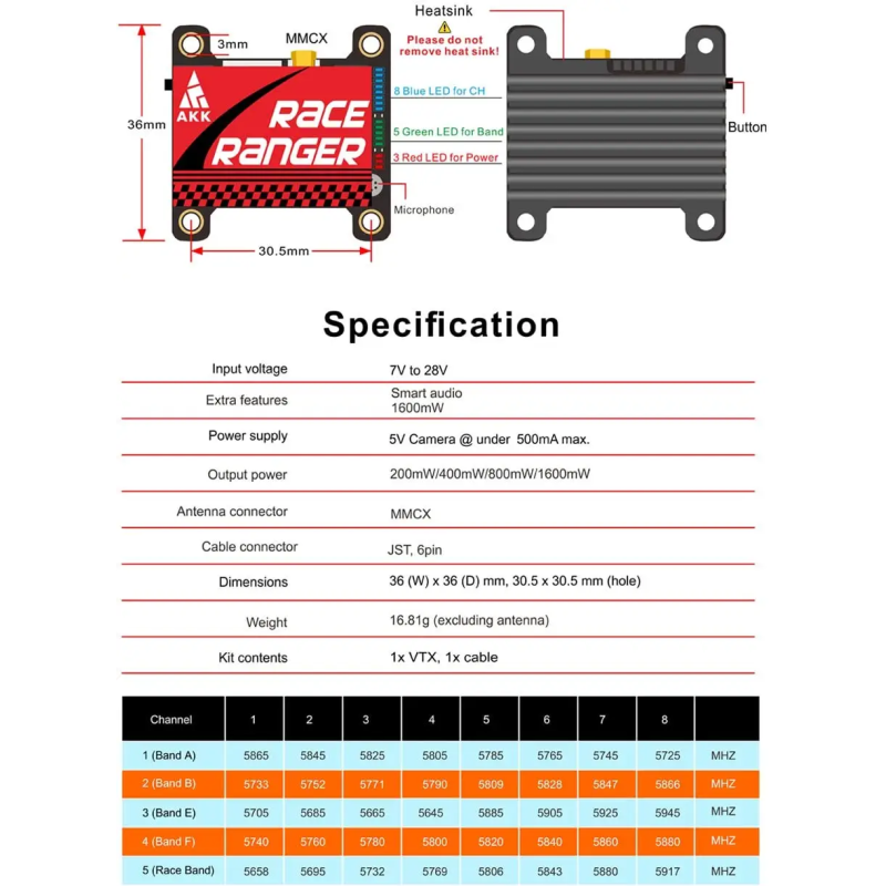 AKK Race Ranger 5.8G Long Range Transmitter VTX FPV 1.6W Smart Audio Free Rider Drone Accessory Superior to RUSH TANK SOLO 1.6W