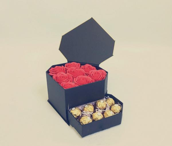 Caixa de Bouquet de Flores 20x12 em forma de diamante preto Jóias de chocolate presente com gaveta
