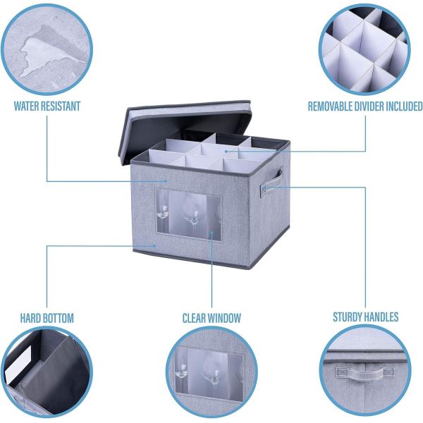 VENO 2 Pack Wine Glass Storage Box with Lid and Handles, Glasswares, China Organizer, Great for Moving, Transport.