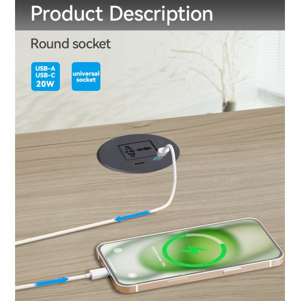 Furniture Embedded Recessed Desk Power Grommet Charger Sockets PD 20W
