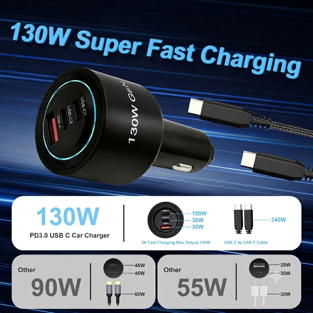 130W GaN Car Charger USB C PD Car Fast Charger 12V 24V Universal For Car Truck Laptops Tablets Smartphones