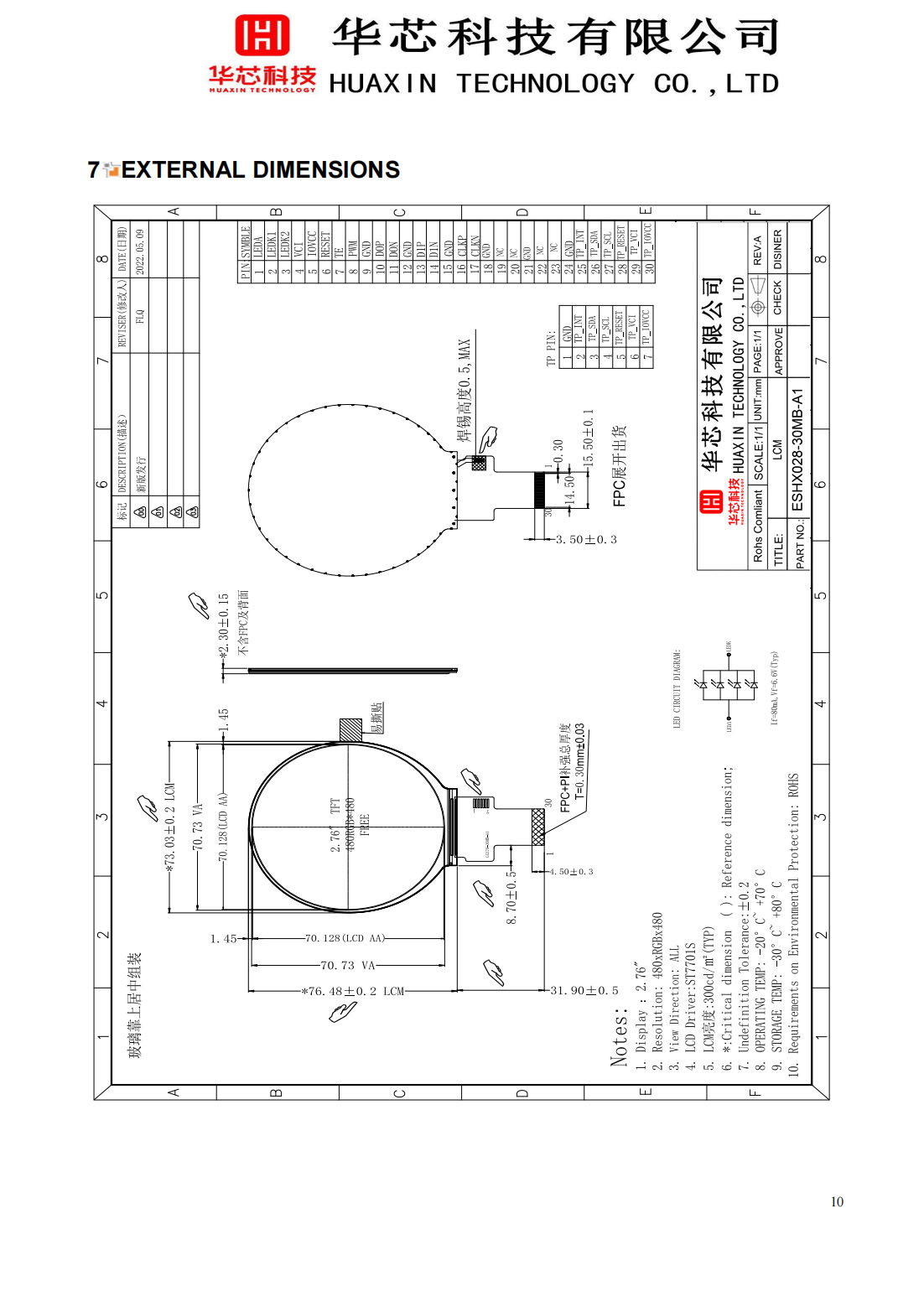 2,8 дюйма вокруг модуля дисплея TFT, 480x480 разрешение, 30 ПРИКАЛЫВАЕТ интерфейс MIPI, 300CD/M2