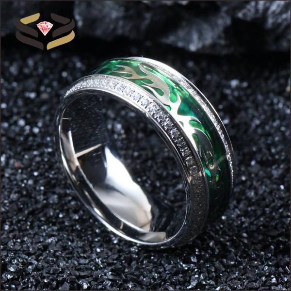 Hombres Plata Titanio Cubico Zirconia Anillo de Boda Con Nubes de Plata Y Incrustación de Foliu Verde