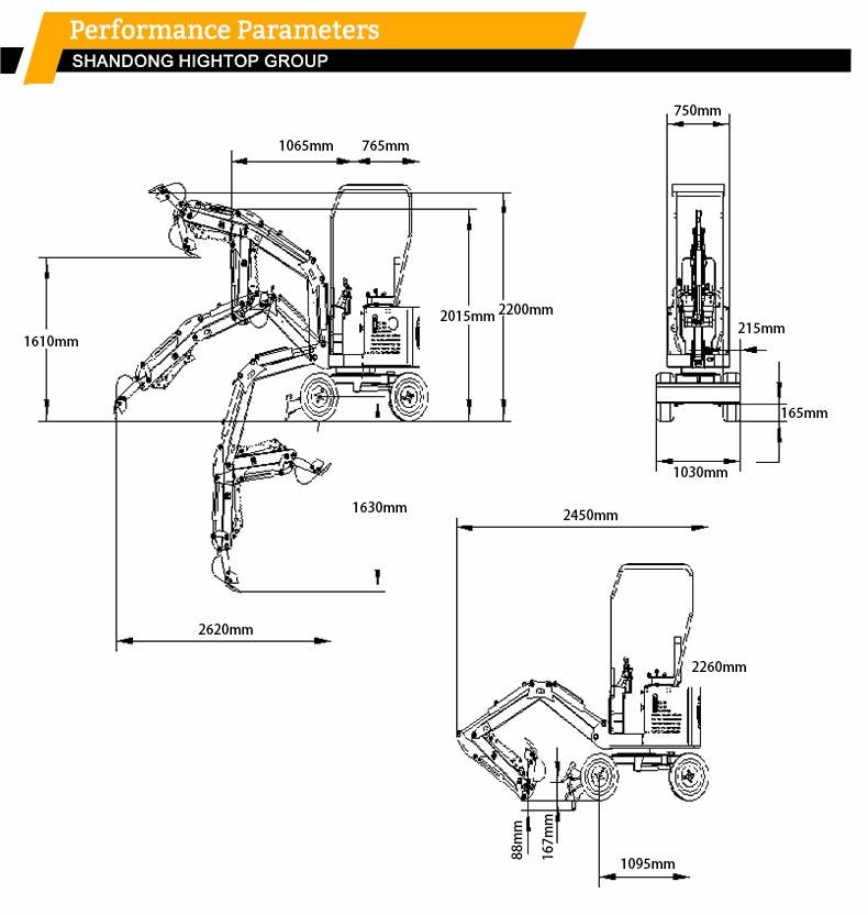 HT10L Wheeled Mini Excavator with 10KW Rated Power