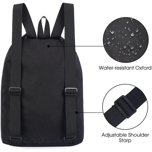 Mochila de ginástica com cordão dobrável personalizada preta para equipamento de natação para dança esportiva