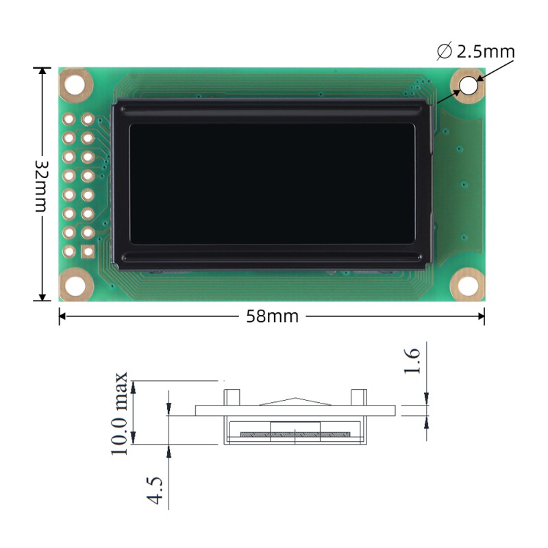 OLED0802A Character LCD Display Module, Black Film, WS0010 Controller, Parallel Port Interface, 58x32x10mm Working Temperature -40+80 Display