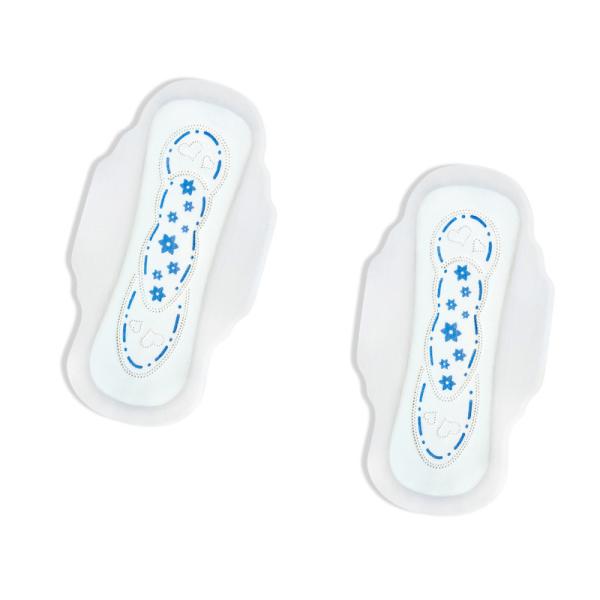 Produits d'hygiène féminine coton régulier pad hygiénique ailé bande d'impression bleue hygiénique bon marché serviettes hygiéniques serviettes pour femmes