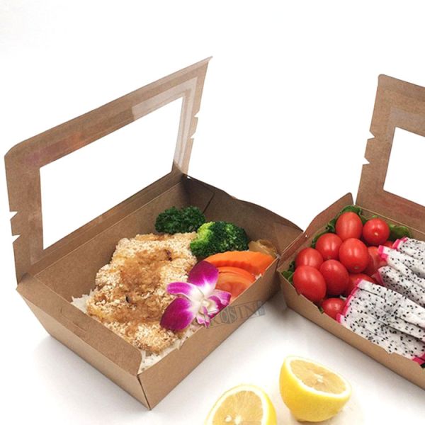 500ml to 2100ml Rectangle Box Kraft Paper Disposable Food Trays with Window for Fried Food