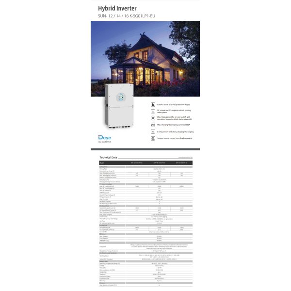 Deye Low Voltage Single Phase 16kW Hybrid Inverter 1-Phase SUN-16K-SG01LP1-EU 48V/51.2V 100Ah 5kWh Lithium Battery