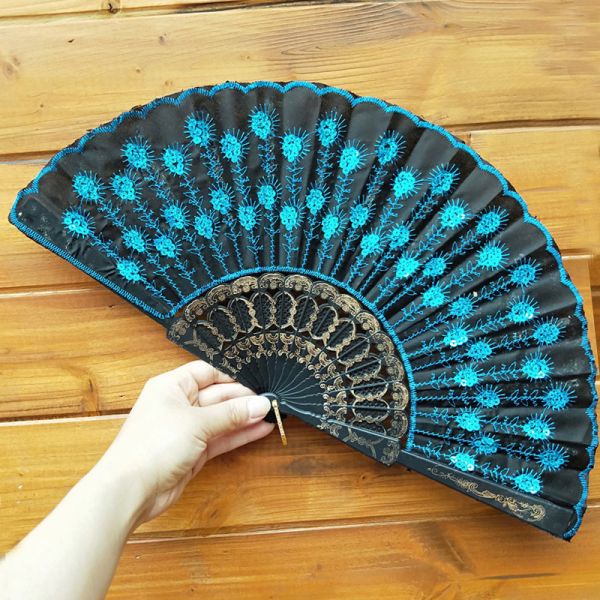 [I AM YOUR FANS] Embroidery Sequin Hand Fan Classic Plastic Frame Fabric Dancing Hand Fan for Holiday Events Wedding