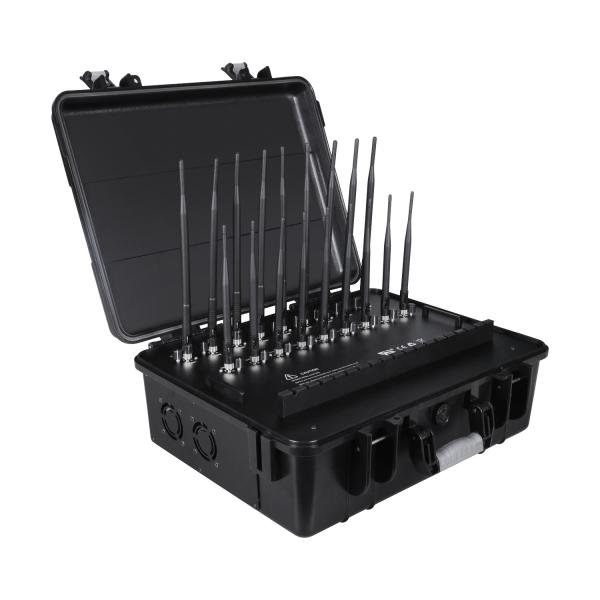 New powerful briefcase 18 Antenna Jammer blocks 2G, 3G, 4G, 5G, GPSL1, GPSL2-L5, GPSL3-L4, WIFI, 315,433,868, Lojack signals with 158W output power and a coverage range up to 120m