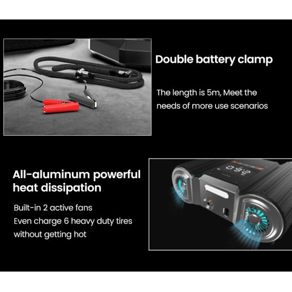 Car Tyre Air Pump YANTU E2 12V DC Portable Digital Tire Inflator with 30 Cylinder Black