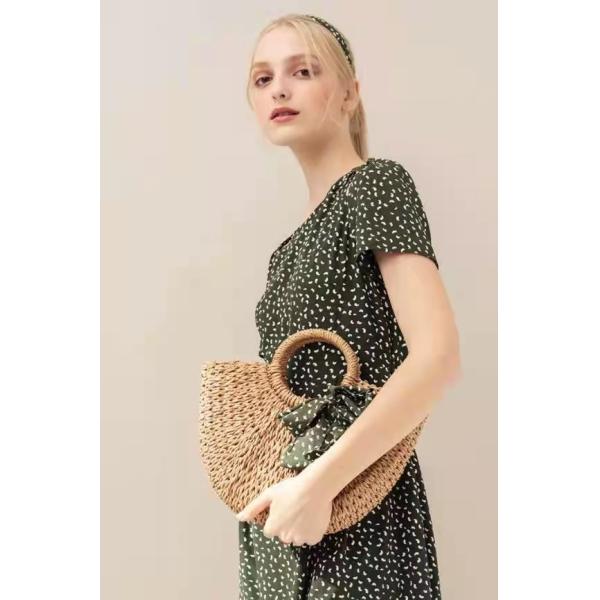 Brown Corn Skin Crochet Hand Bag Small With Green Scarf Bow Woven ODM