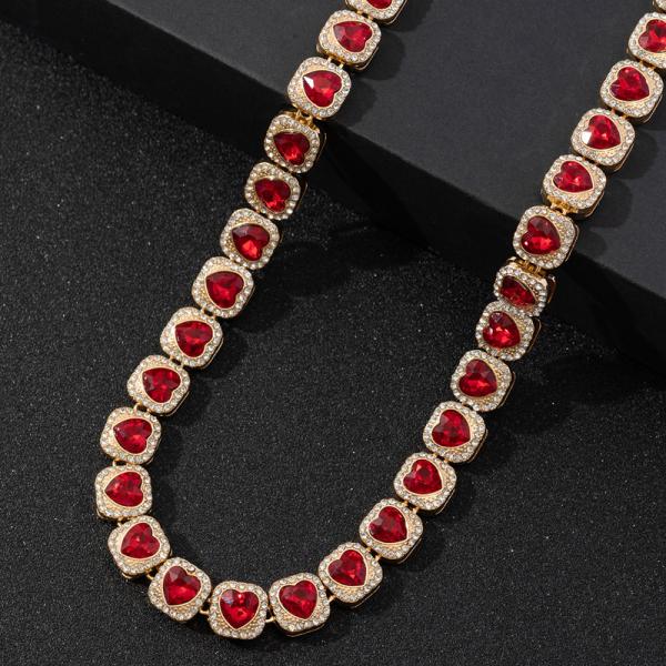Fashion Red Heart Necklace Hiphop Heart Link Tennis Chain Necklace For Women Men Hip Hop Rapper Jewelry Gifts