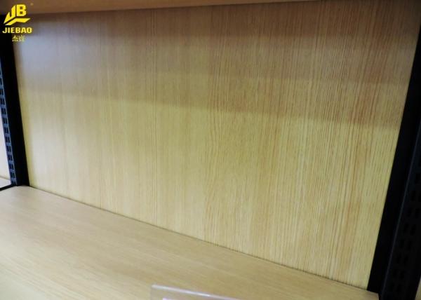 1.4M High Reliable Metal And Wood Display Shelves Trapezoidal Side Frame MDF Backing