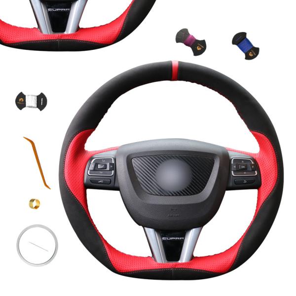 Black Suede and Red Artificial Leather DIY Steering Wheel Cover for Seat Leon