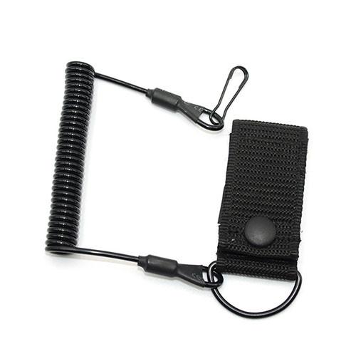 Strong Steel Wire Black Coiled Pistol Retention Lanyard With Webbing Strap