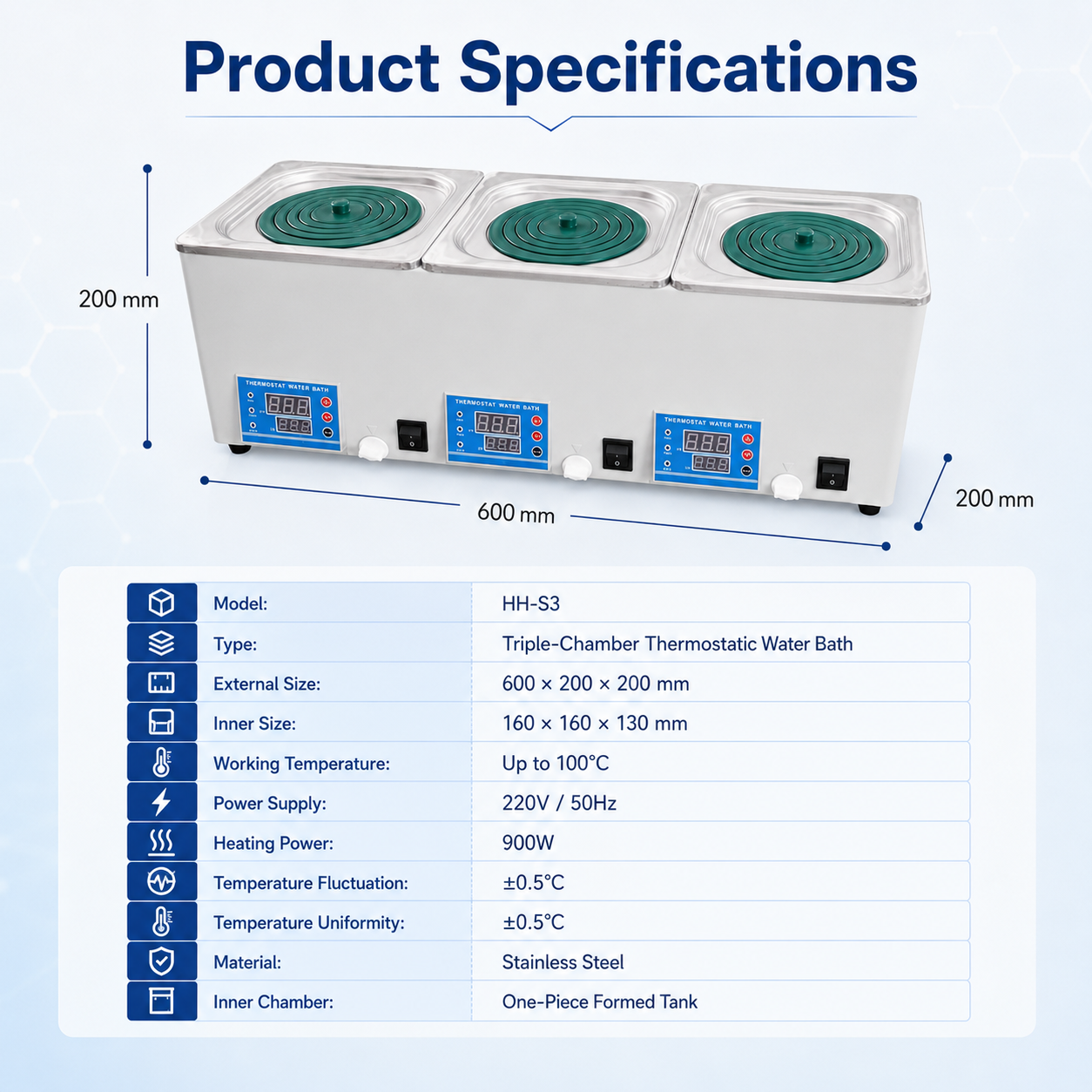 Cenlee HH-S3 Digital Triple Chamber Water Bath 220V 900W for Chemical Research, Sample Preparation and Quality Control Testing