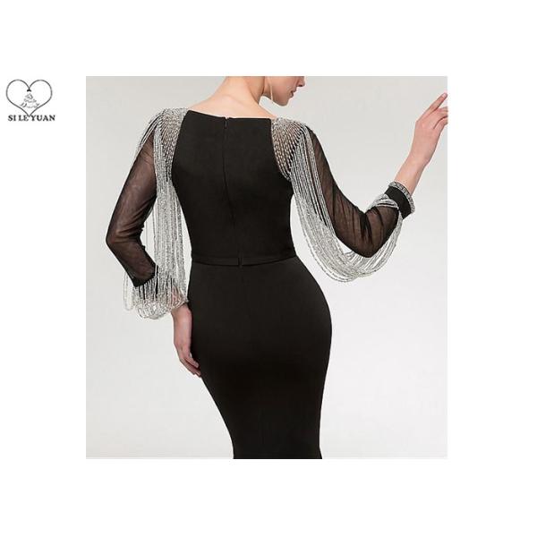 Stretch Fabric Black Long Sleeve Mermaid Prom Dress Tassels Sleeves Sweep Train