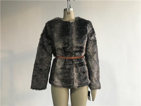 Brown Multi Textured Ladies Faux Fur Coats Collarless With Pu Belt TW74140
