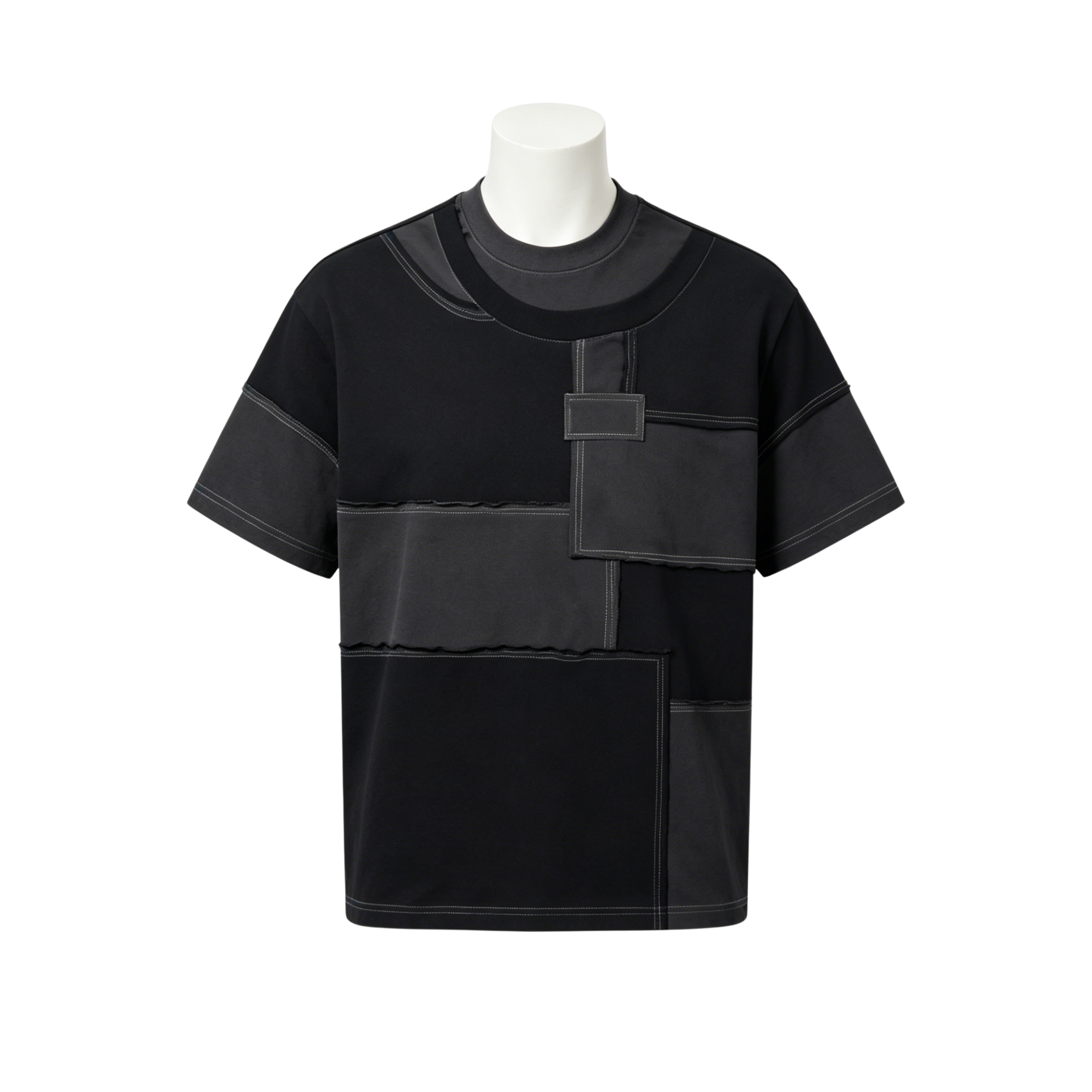 250GSM - 300GSM Basic Crew Neck Tee Patchwork Raw Edge T Shirt Drop Shoulder