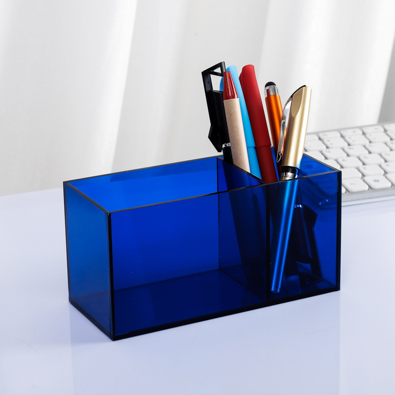 2 Grid Acrylic Pen Holder Transparent Rectangle Stationery Storage Box for Desktop Organization and Debris Sorting
