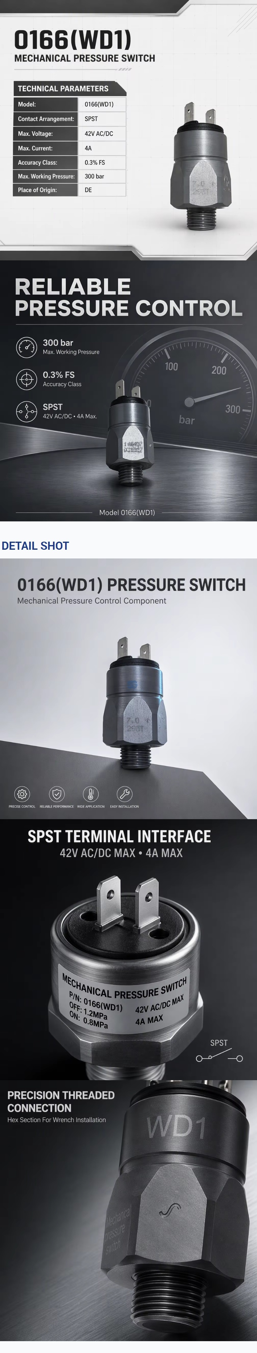 0166 Series Pressure Switch, WD1 Mechanical Pressure Switch, Adjustable Hydraulic Pneumatic Pressure Switch Original Brand New