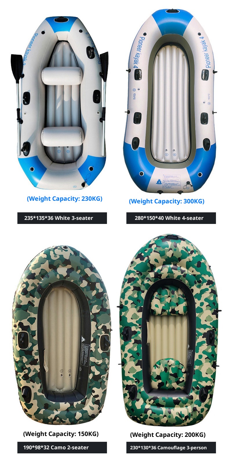 New Thickened Inflatable Kayak Rubber Dinghy Fishing Boat Air-Cushion Craft Lifeboat Outdoor Watercraft 480L Capacity 2-5