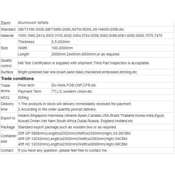 2000 mm-6000 mm Longueur Ingot en aluminium de haute pureté de la série 7000 Rectangle
