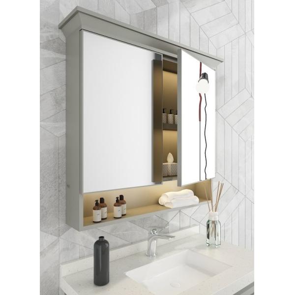 Vanité de salle de bains en acier inoxydable gris avec élégante armoire miroir et porte en forme