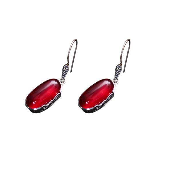 Sterling 925 Silver Retro Oval Synthetic Ruby Drop Dangle Earrings (049012)