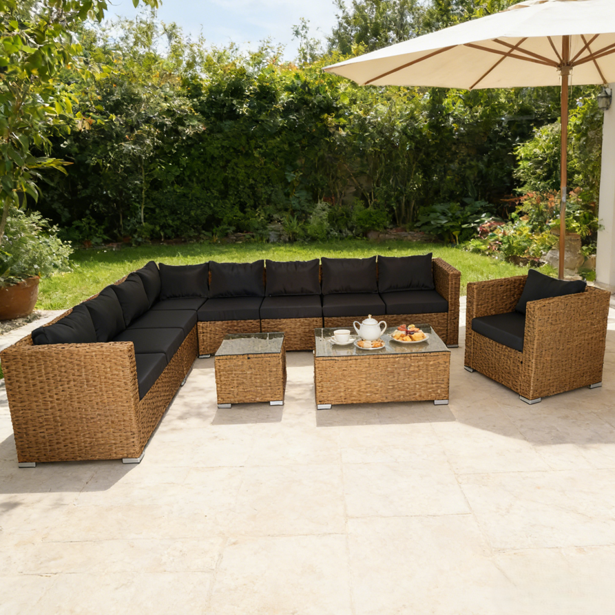 All Weather PE Rattan Wicker Outdoor Patio Furniture Set L Shaped Sectional Sofa 2 Coffee Tables Single Chair for Garden